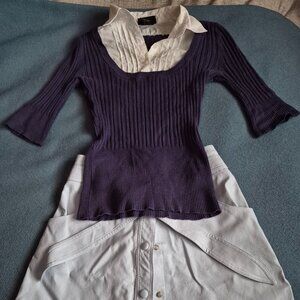 Blue top with white collar light blue skirt